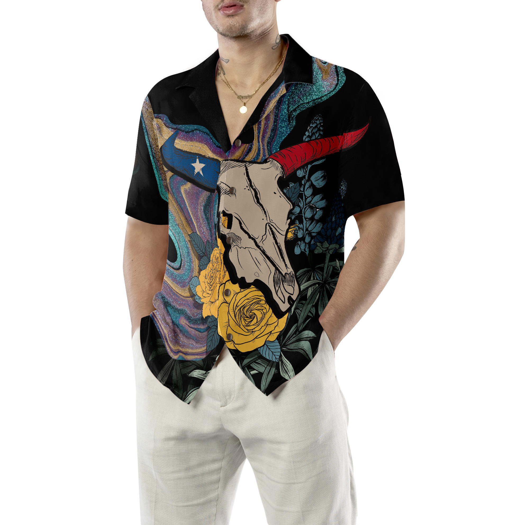 Artistic Longhorn Skull Texas Hawaiian Shirt For Men, Black Royal Gold Rose Shirt, Bluebonnet Proud Texas Shirt For Texans - Hyperfavor