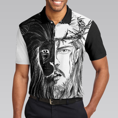 Jesus Christ Lion Contrast Art Christian Polo Shirt, Black And White Christian Shirt For Men - Hyperfavor