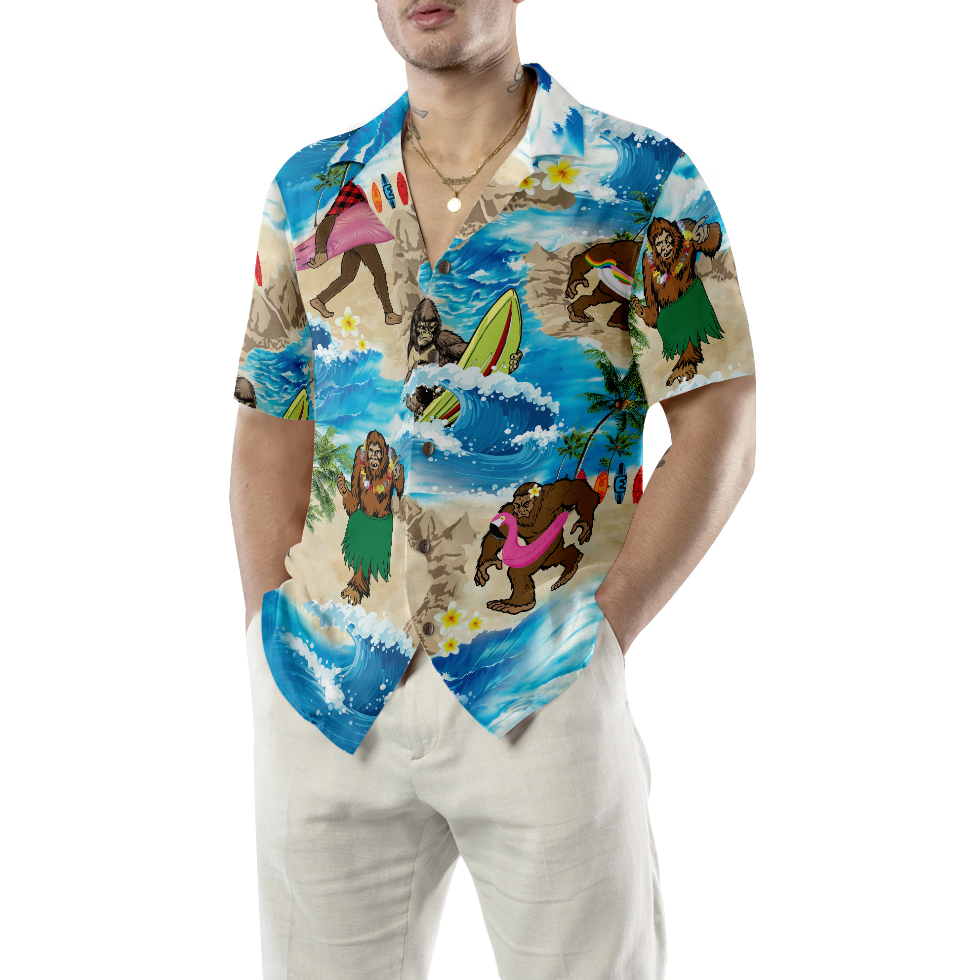 Bigfoots Are On Summer Vacation Bigfoot Hawaiian Shirt, Tropical Aloha Wave Surfing Bigfoot Shirt For Men - Hyperfavor