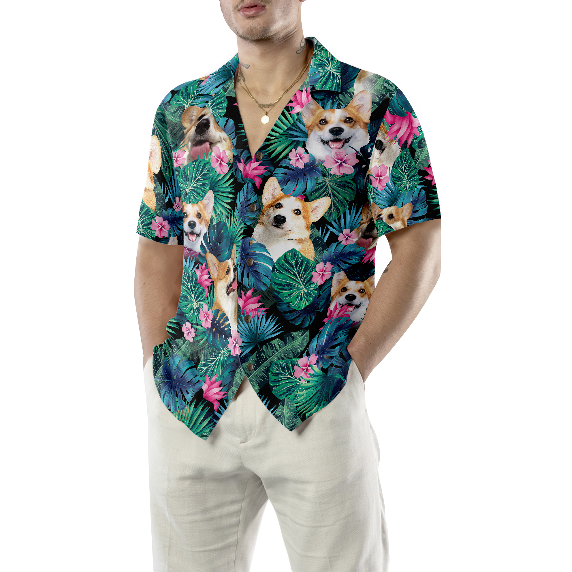 Tropical Corgi Dog Shirt For Men Hawaiian Shirt - Hyperfavor