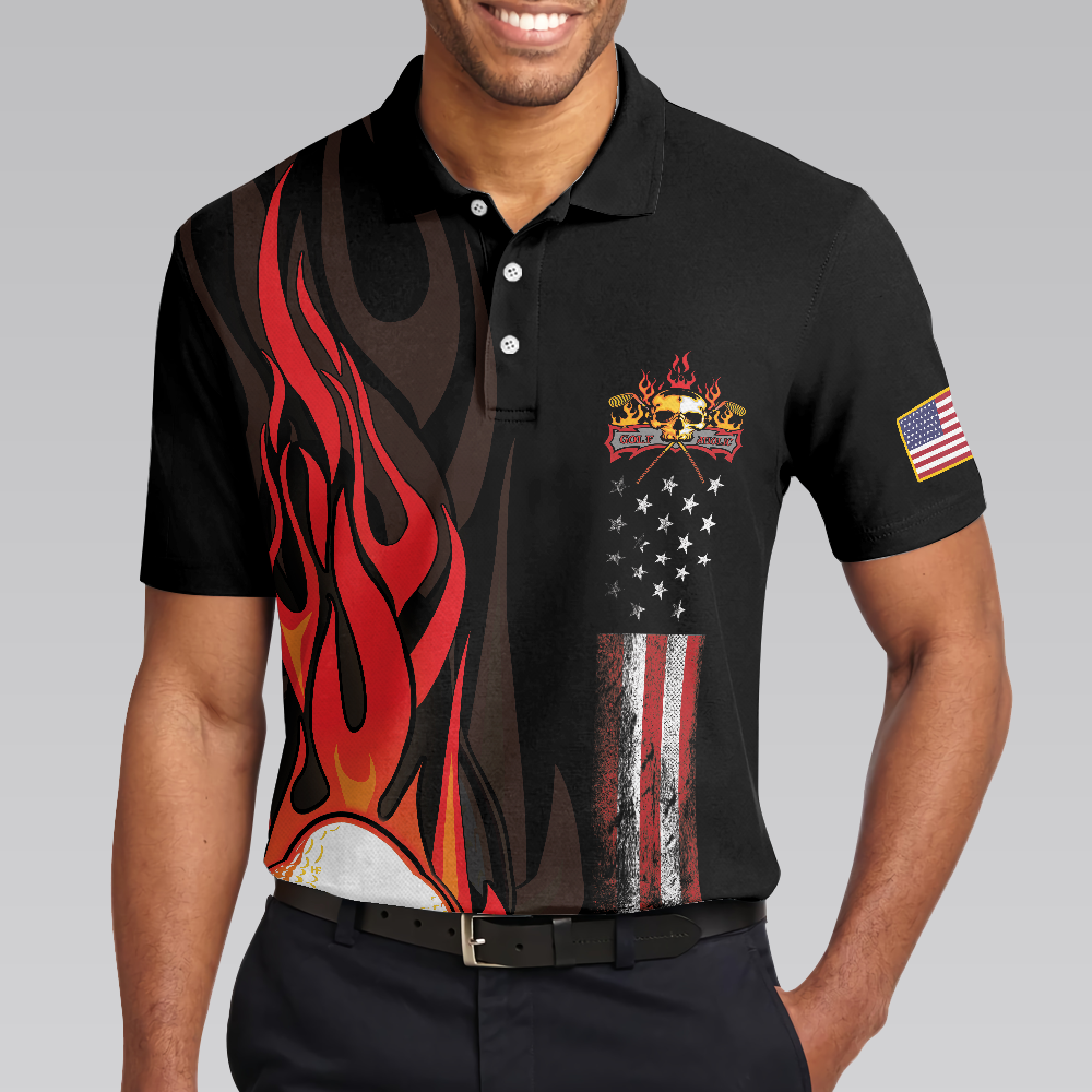 Golf Flame Skull Short Sleeve Golf Polo Shirt, Black American Flag Golf Shirt For Men, Cool Gift For Golfers - Hyperfavor