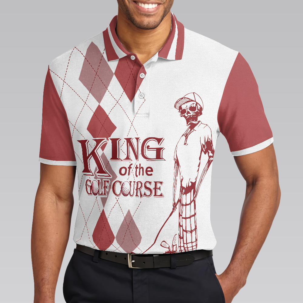 King Of The Golf Course Golf Polo Shirt, Red Argyle Pattern Skeleton Golfer Polo Shirt, Best Golf Shirt For Men - Hyperfavor