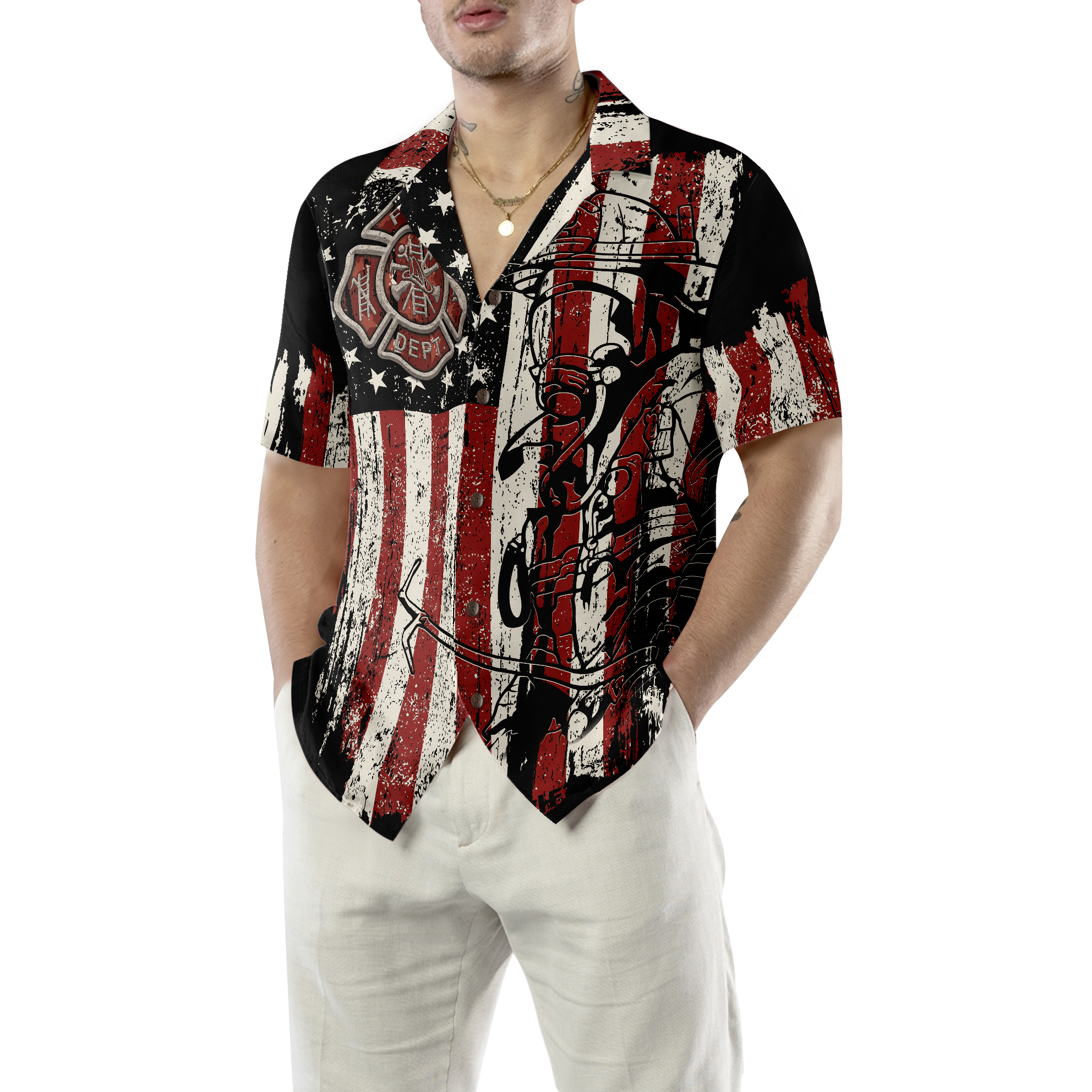 Black American Flag Fire Dept Firefighter Hawaiian Shirt, Fire Department Badge Firefighter Shirt For Men - Hyperfavor